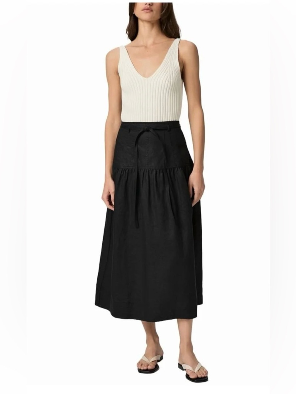 🖤 PAIGE Linen blend Inga Black Midi Tiered Drawstring Skirt - Women